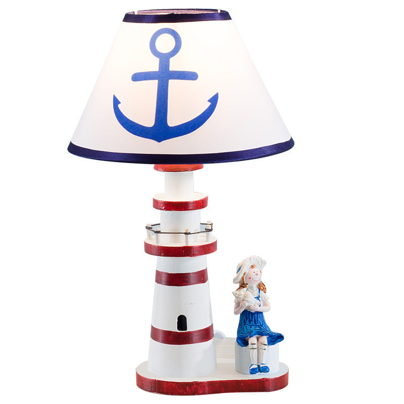 Contemporary Coastal Wood Fabric Kids Conic Lighthouse 1-Light Table Lamp For Bedroom