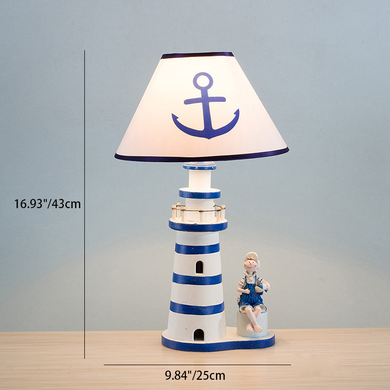 Contemporary Coastal Wood Fabric Kids Conic Lighthouse 1-Light Table Lamp For Bedroom