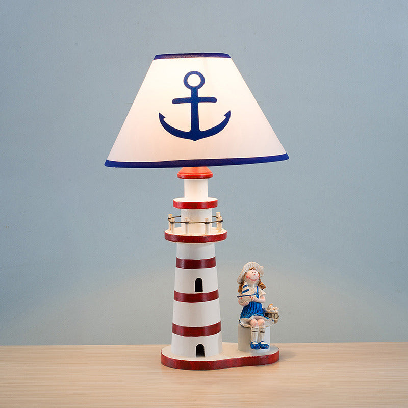 Contemporary Coastal Wood Fabric Kids Conic Lighthouse 1-Light Table Lamp For Bedroom