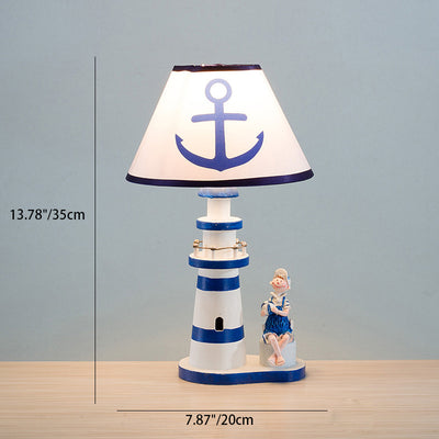 Contemporary Coastal Wood Fabric Kids Conic Lighthouse 1-Light Table Lamp For Bedroom