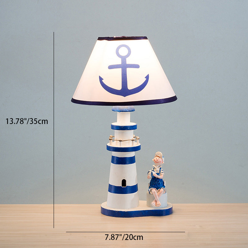 Contemporary Coastal Wood Fabric Kids Conic Lighthouse 1-Light Table Lamp For Bedroom