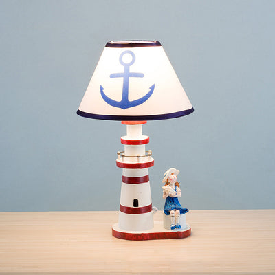Contemporary Coastal Wood Fabric Kids Conic Lighthouse 1-Light Table Lamp For Bedroom