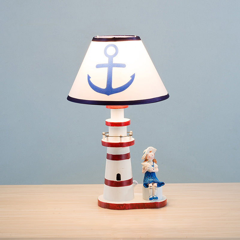Contemporary Coastal Wood Fabric Kids Conic Lighthouse 1-Light Table Lamp For Bedroom