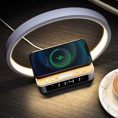 Simplicité Moderne Alliage d'Aluminium ABS Horloge Ronde Chargeur Sans Fil Lampe de Table LED Lumière de Nuit Pour Chevet 