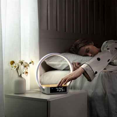 Simplicité Moderne Alliage d'Aluminium ABS Horloge Ronde Chargeur Sans Fil Lampe de Table LED Lumière de Nuit Pour Chevet 
