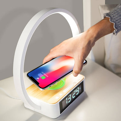 Simplicité Moderne Alliage d'Aluminium ABS Horloge Ronde Chargeur Sans Fil Lampe de Table LED Lumière de Nuit Pour Chevet 