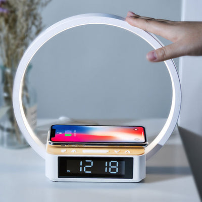 Simplicité Moderne Alliage d'Aluminium ABS Horloge Ronde Chargeur Sans Fil Lampe de Table LED Lumière de Nuit Pour Chevet 