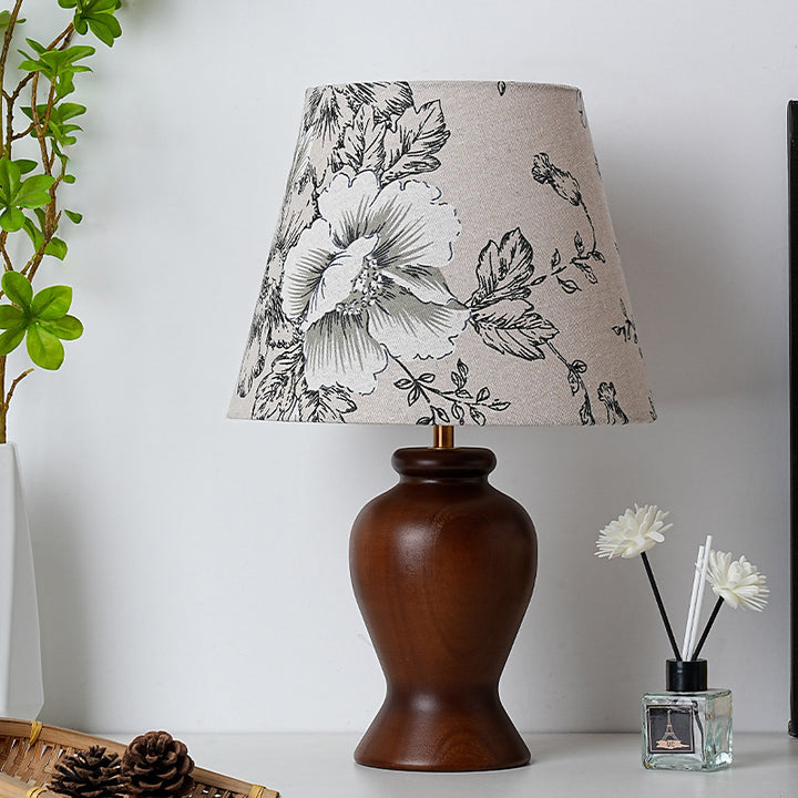 Zeitgenössische Retro Holz Stoff Metall Kegel Zylinder Blumenmuster 1-Licht Tischlampe für den Nachttisch 