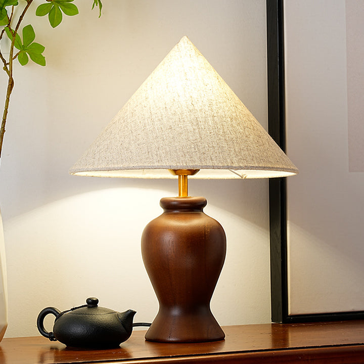 Zeitgenössische Retro Holz Stoff Metall Kegel Zylinder Blumenmuster 1-Licht Tischlampe für den Nachttisch 