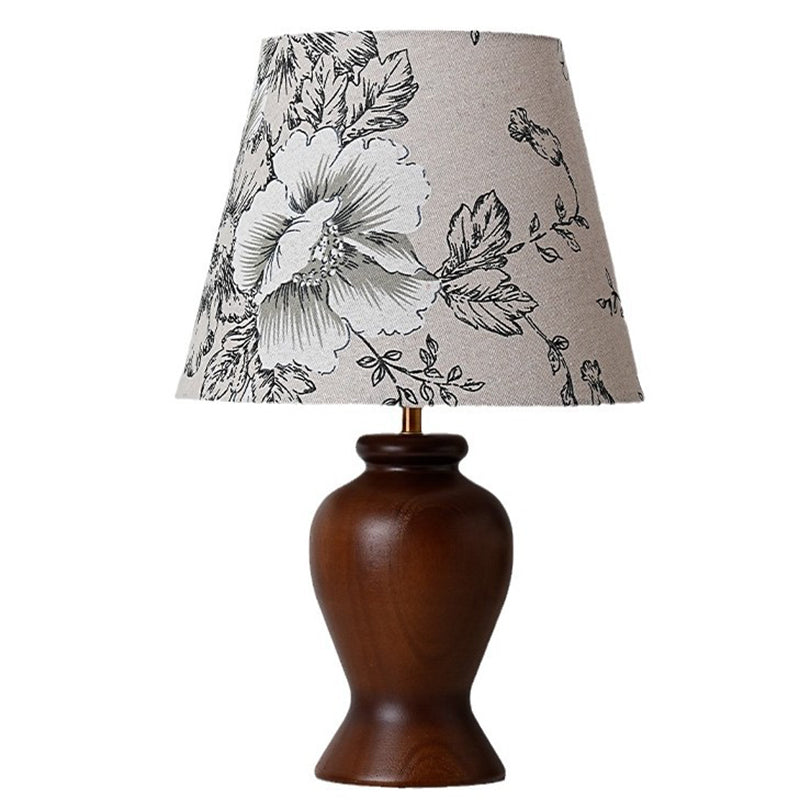 Lampe de table contemporaine rétro en bois, tissu, métal, motif floral conique cylindre 1 lumière pour chevet 