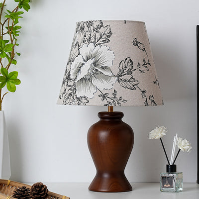 Lampe de table contemporaine rétro en bois, tissu, métal, motif floral conique cylindre 1 lumière pour chevet 