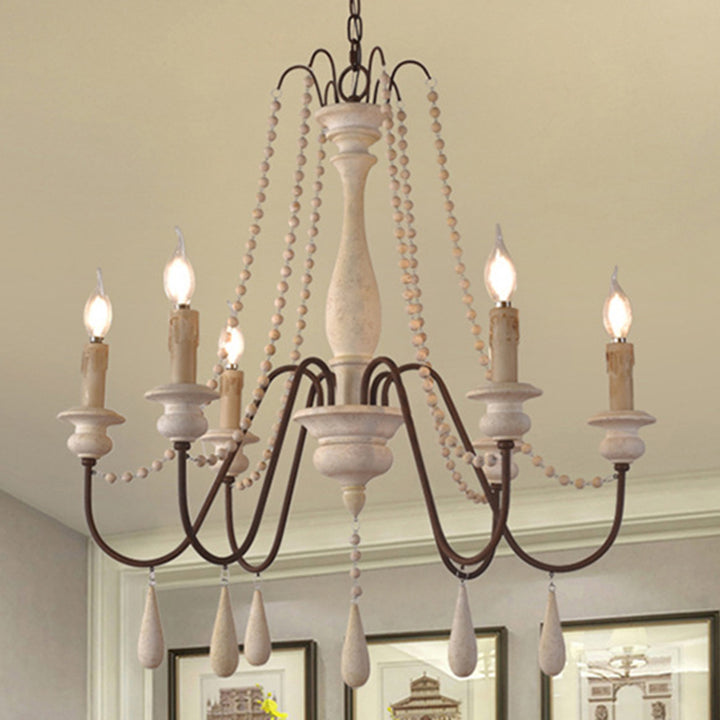Traditional Vintage Iron Solid Wood Resin Candlestick Spire Bead 6/8/12 Light Chandeliers For Living Room