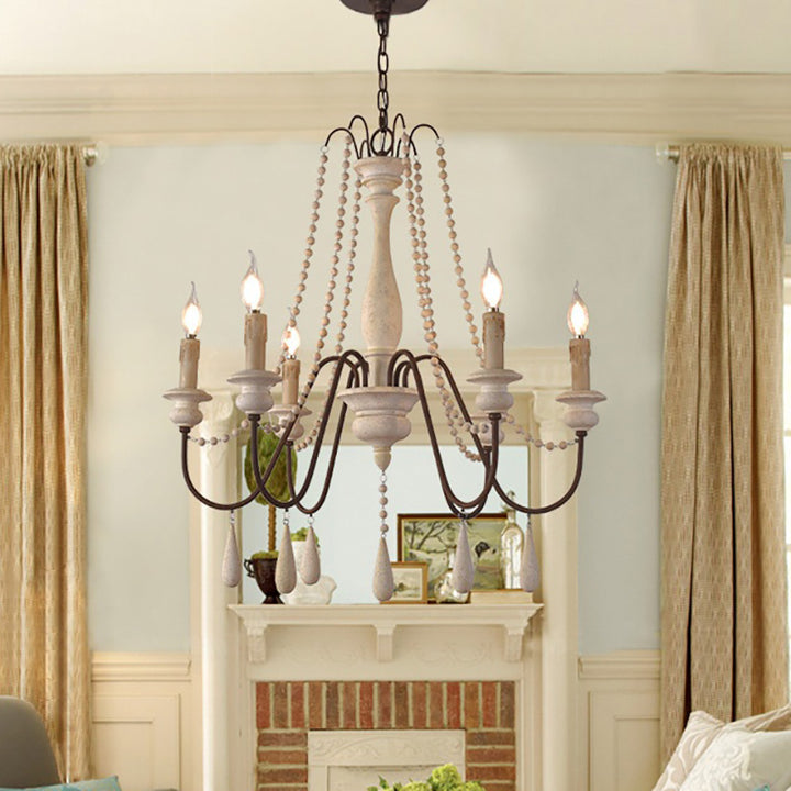 Traditional Vintage Iron Solid Wood Resin Candlestick Spire Bead 6/8/12 Light Chandeliers For Living Room