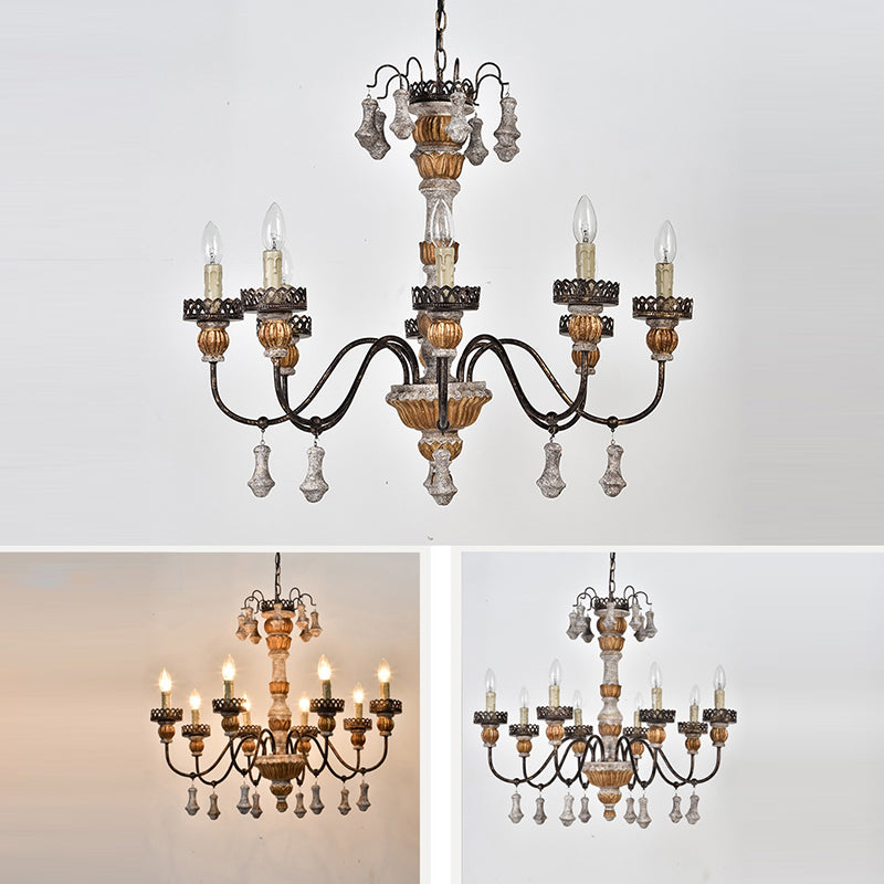 Candelabros de 6 luces con brazo tallado doblado de metal y madera vintage tradicional para sala de estar 