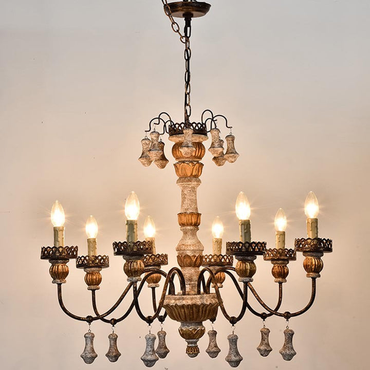 Traditional Vintage Metal Wood Candlestick Bent Carving Arm 6-Light Chandeliers For Living Room