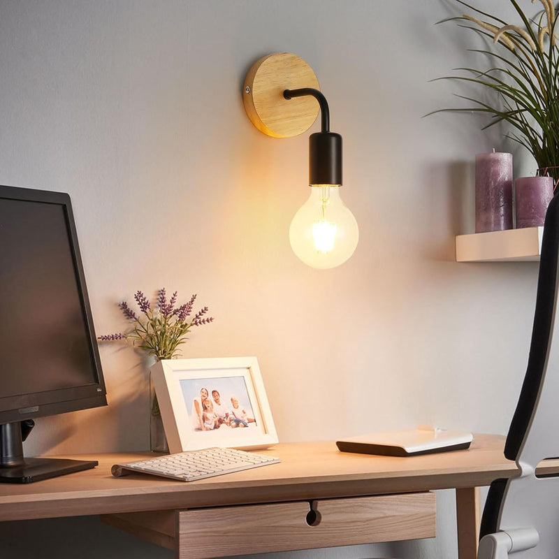 Moderne Einfachheit Eisen Holz Glühbirne 1-Licht Wandleuchte für Schlafzimmer 