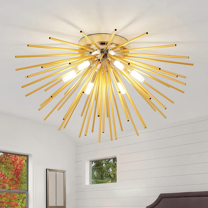 Zeitgenössische nordische Edelstahl-Hardware-Feuerwerkslinien 6-Licht Halbeinbau-Deckenleuchte für das Wohnzimmer 