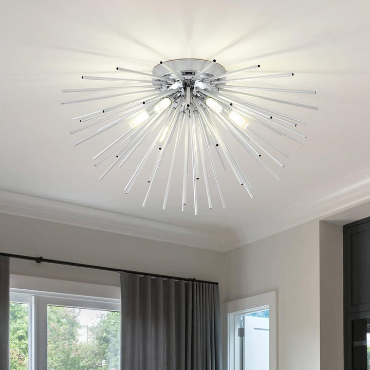 Zeitgenössische nordische Edelstahl-Hardware-Feuerwerkslinien 6-Licht Halbeinbau-Deckenleuchte für das Wohnzimmer 