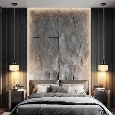 Suspension LED ronde en résine et acier inoxydable scandinave contemporain avec effet craquelé pour chevet 