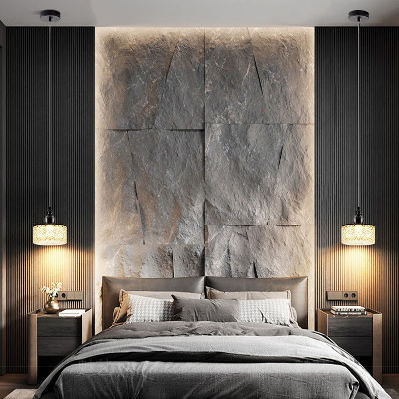 Suspension LED ronde en résine et acier inoxydable scandinave contemporain avec effet craquelé pour chevet 