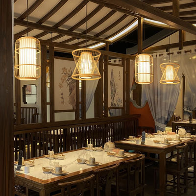 Traditionelle Chinesische Weberei Bambus Pergament Zylinder Blatt 1-Licht Pendelleuchte Für Esszimmer 