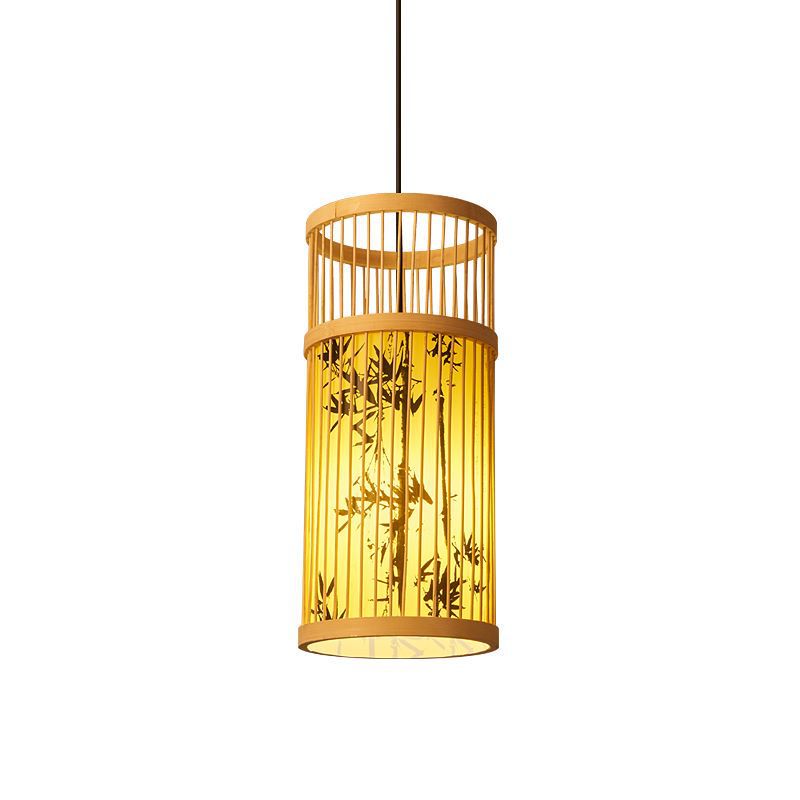 Traditionelle Chinesische Weberei Bambus Pergament Zylinder Blatt 1-Licht Pendelleuchte Für Esszimmer 