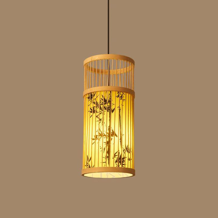 Traditionelle Chinesische Weberei Bambus Pergament Zylinder Blatt 1-Licht Pendelleuchte Für Esszimmer 