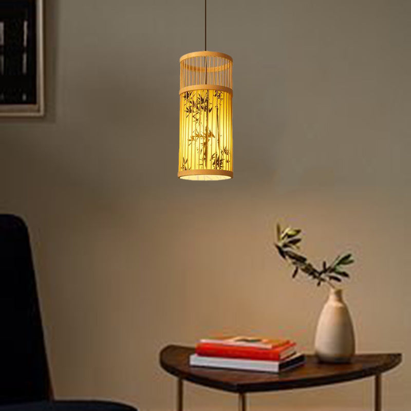 Traditionelle Chinesische Weberei Bambus Pergament Zylinder Blatt 1-Licht Pendelleuchte Für Esszimmer 
