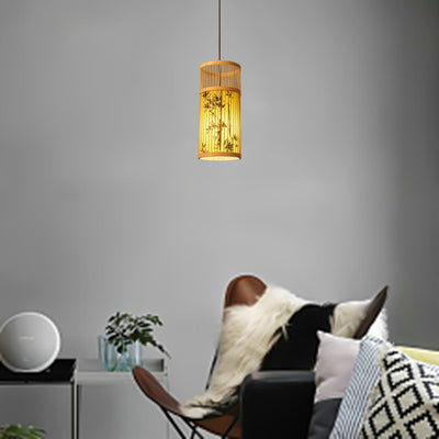 Traditionelle Chinesische Weberei Bambus Pergament Zylinder Blatt 1-Licht Pendelleuchte Für Esszimmer 