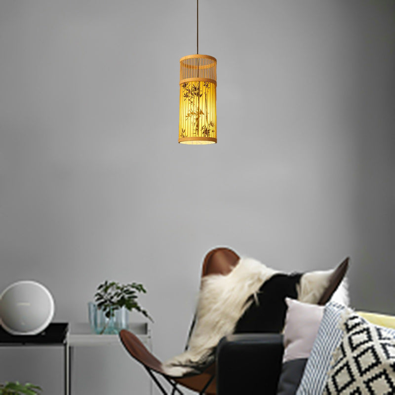 Traditionelle Chinesische Weberei Bambus Pergament Zylinder Blatt 1-Licht Pendelleuchte Für Esszimmer 