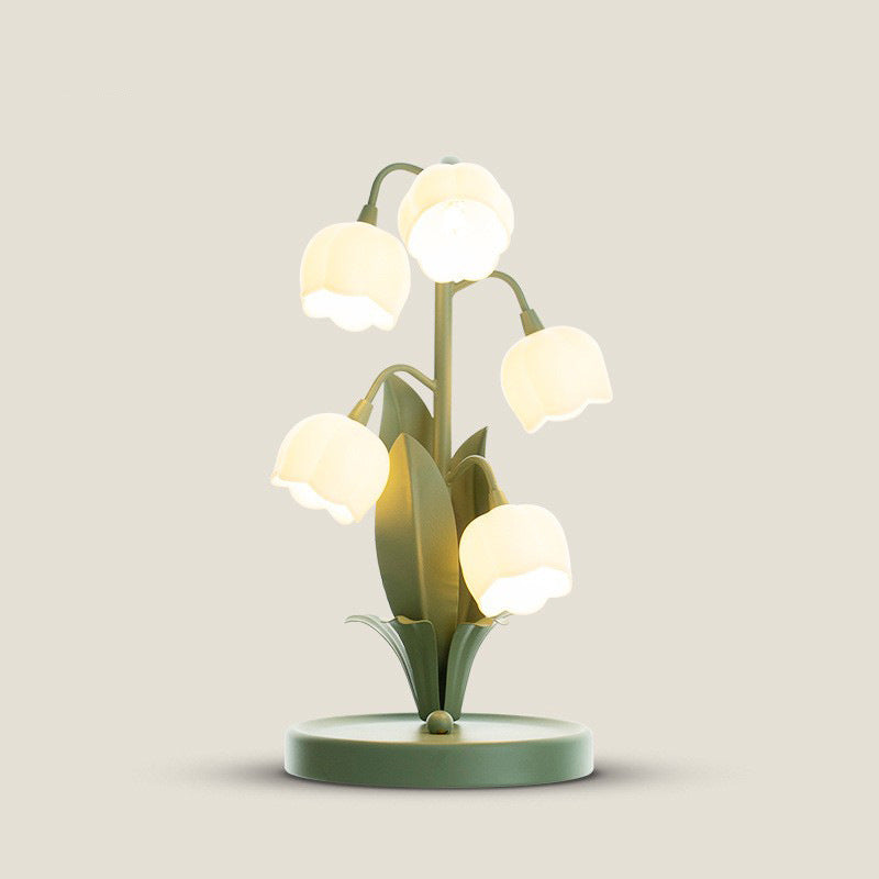 Lámpara de mesa de 5 luces USB con florales de vidrio y hierro francés tradicional para mesita de noche 
