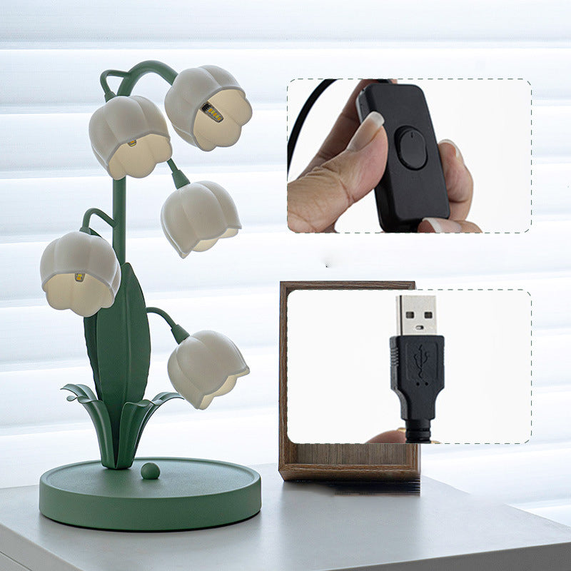 Lámpara de mesa de 5 luces USB con florales de vidrio y hierro francés tradicional para mesita de noche 