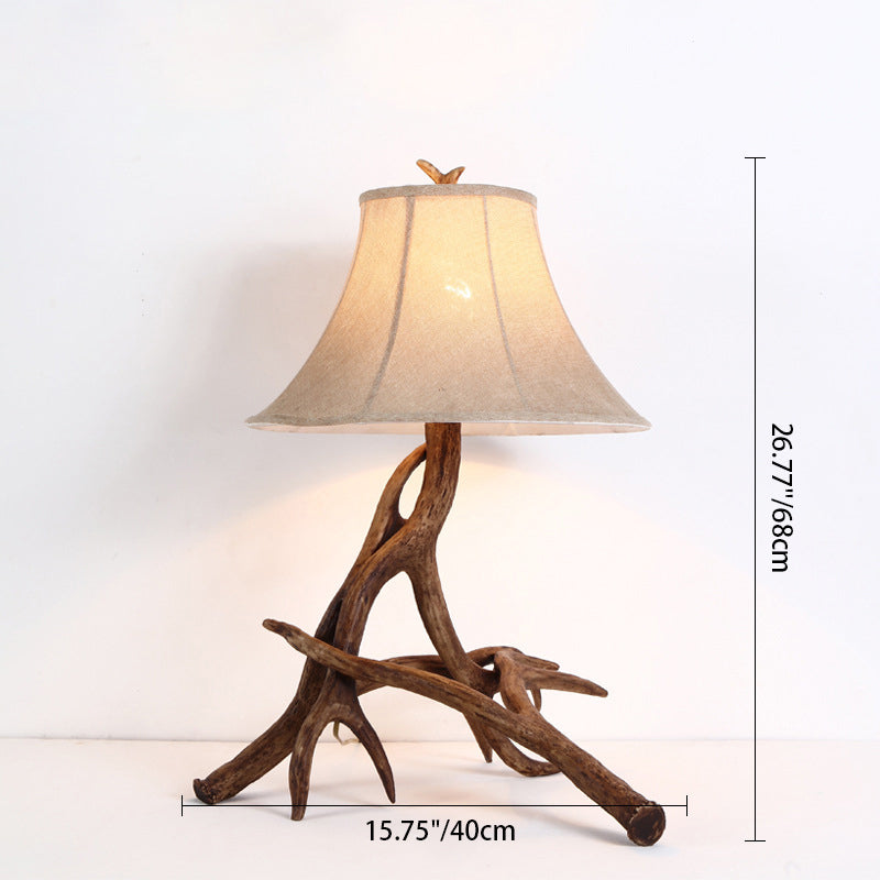 Lampe de table à 1 lumière avec cylindre en résine de tissu rustique traditionnel et cornes de cerf pour salon 