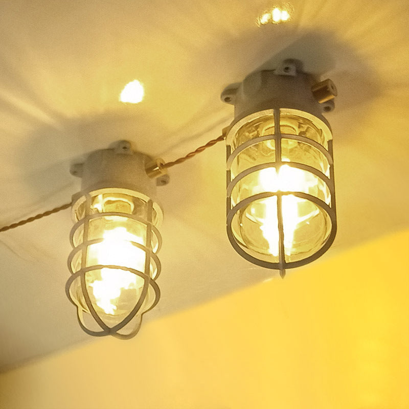 Zeitgenössische industrielle wasserdichte Aluminiumlegierung Glaszylinderkäfig 1-Licht Halbeinbau-Deckenleuchte für Außenbereich Terrasse 