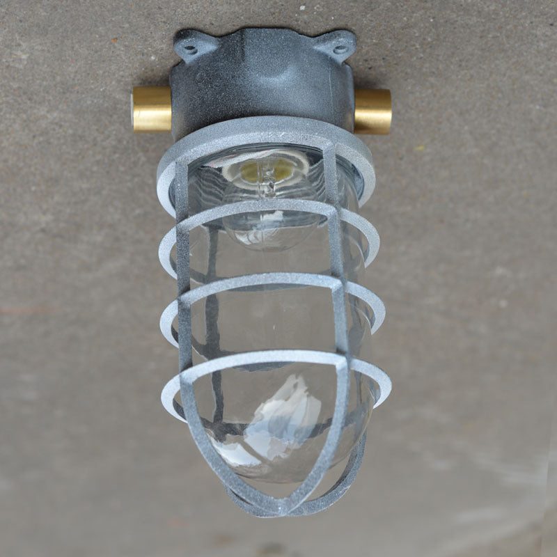 Zeitgenössische industrielle wasserdichte Aluminiumlegierung Glaszylinderkäfig 1-Licht Halbeinbau-Deckenleuchte für Außenbereich Terrasse 