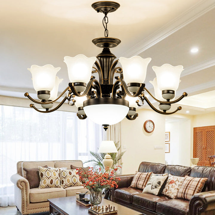 Zeitgenössische Retro Eisen Glas Blumen Säule 3/6/8/10/15 Licht Kronleuchter für Wohnzimmer 