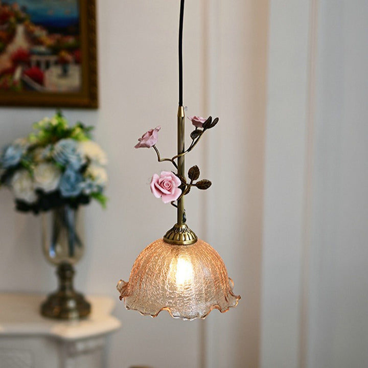 Zeitgenössische Retro Messing Glas Keramik Blumenkuppel 1-Licht Pendelleuchte für Esszimmer 