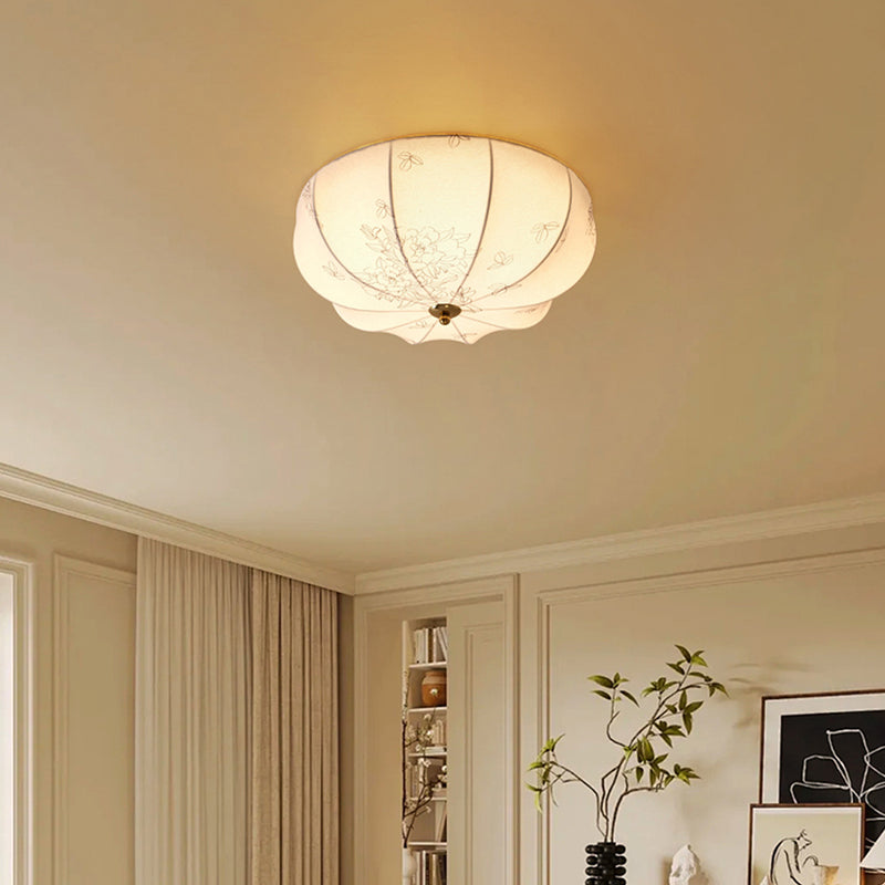 Traditional French Fabric Round Pattern 3-Light Flush Mount Ceiling Light For Bedroom
