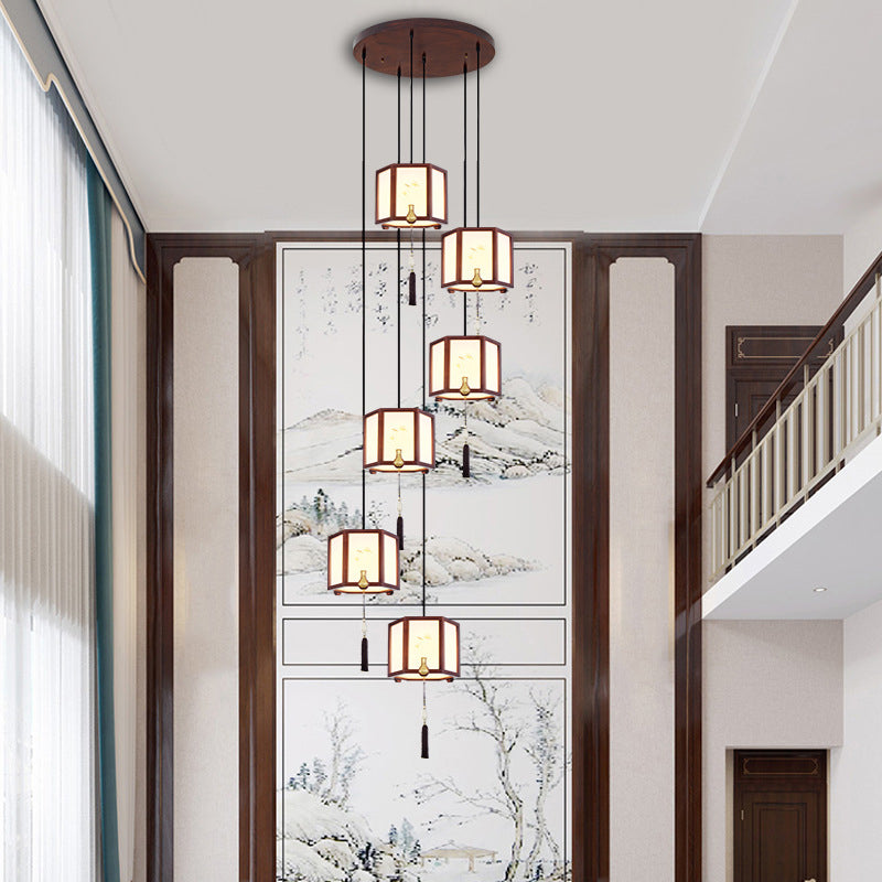 Suspension Luminaire Traditionnel Chinois en Chêne, Alliage de Zinc, Acrylique, Cylindre, Motif 1/3/6 Lumières pour Salle à Manger 