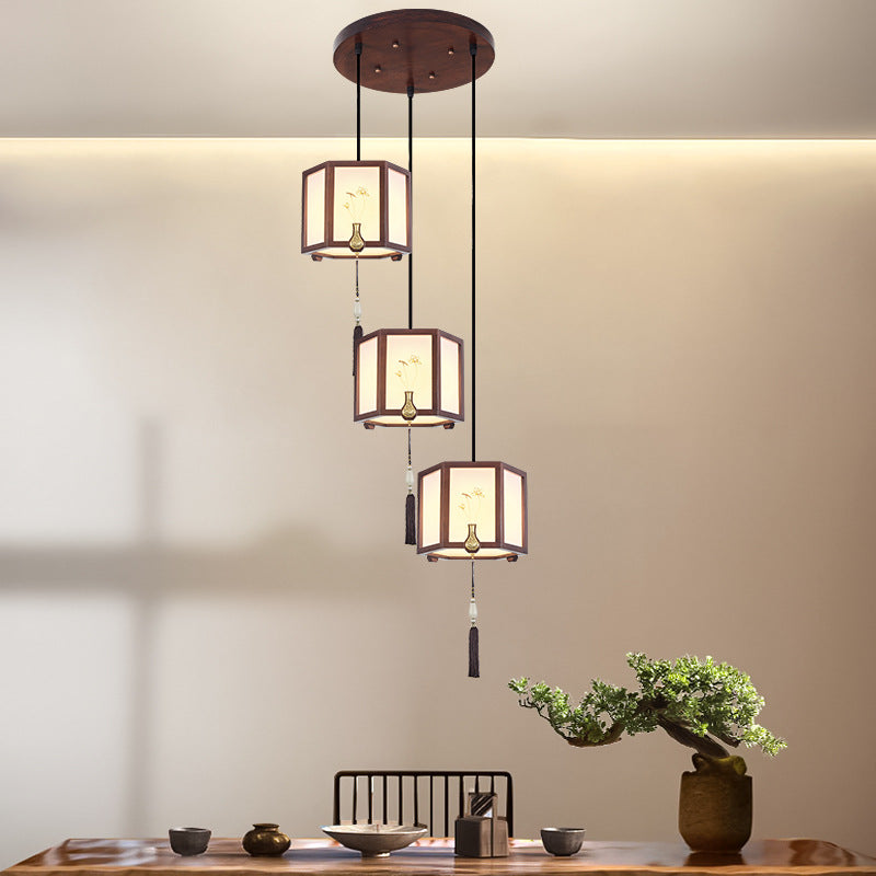 Suspension Luminaire Traditionnel Chinois en Chêne, Alliage de Zinc, Acrylique, Cylindre, Motif 1/3/6 Lumières pour Salle à Manger 