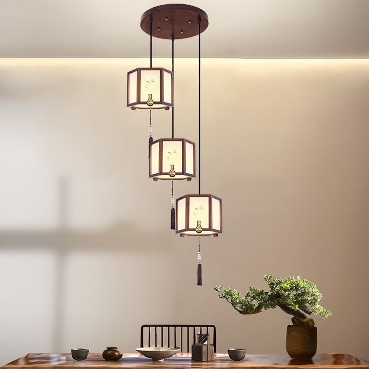 Suspension Luminaire Traditionnel Chinois en Chêne, Alliage de Zinc, Acrylique, Cylindre, Motif 1/3/6 Lumières pour Salle à Manger 