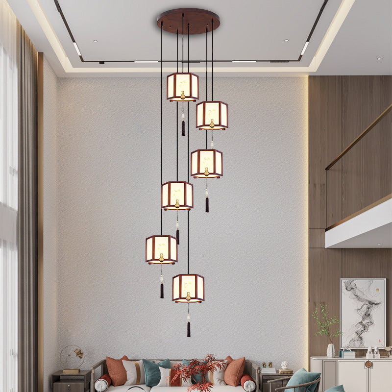 Suspension Luminaire Traditionnel Chinois en Chêne, Alliage de Zinc, Acrylique, Cylindre, Motif 1/3/6 Lumières pour Salle à Manger 