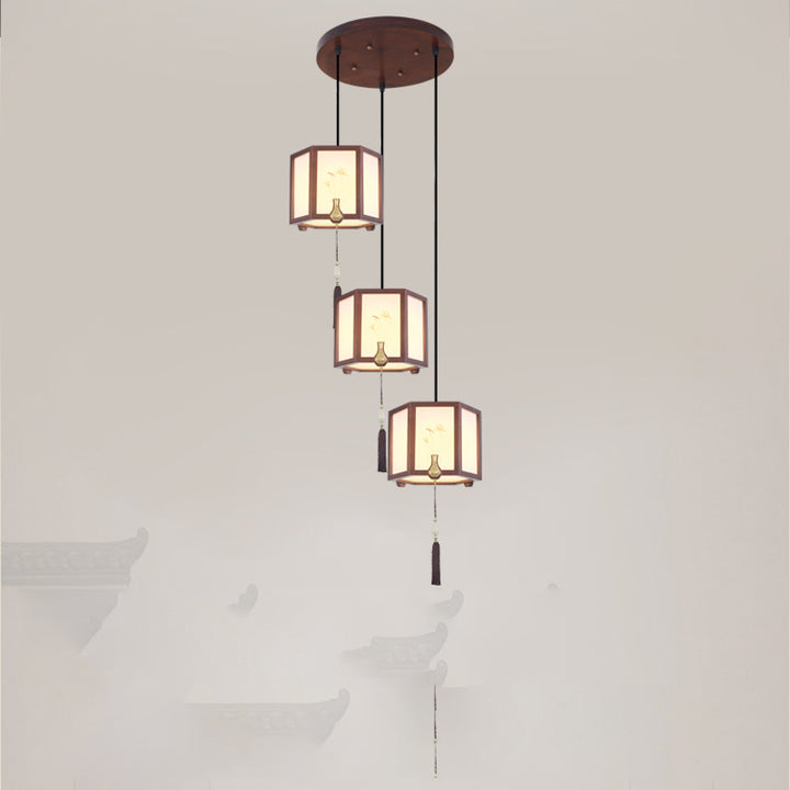 Suspension Luminaire Traditionnel Chinois en Chêne, Alliage de Zinc, Acrylique, Cylindre, Motif 1/3/6 Lumières pour Salle à Manger 