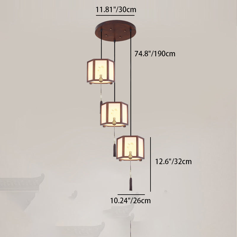 Suspension Luminaire Traditionnel Chinois en Chêne, Alliage de Zinc, Acrylique, Cylindre, Motif 1/3/6 Lumières pour Salle à Manger 