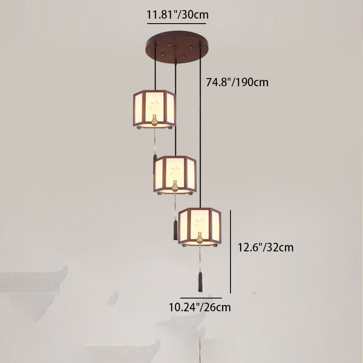 Suspension Luminaire Traditionnel Chinois en Chêne, Alliage de Zinc, Acrylique, Cylindre, Motif 1/3/6 Lumières pour Salle à Manger 