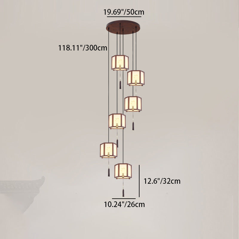 Suspension Luminaire Traditionnel Chinois en Chêne, Alliage de Zinc, Acrylique, Cylindre, Motif 1/3/6 Lumières pour Salle à Manger 