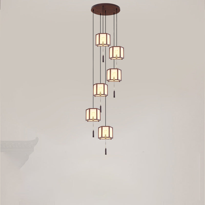 Suspension Luminaire Traditionnel Chinois en Chêne, Alliage de Zinc, Acrylique, Cylindre, Motif 1/3/6 Lumières pour Salle à Manger 