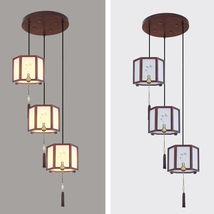 Suspension Luminaire Traditionnel Chinois en Chêne, Alliage de Zinc, Acrylique, Cylindre, Motif 1/3/6 Lumières pour Salle à Manger 