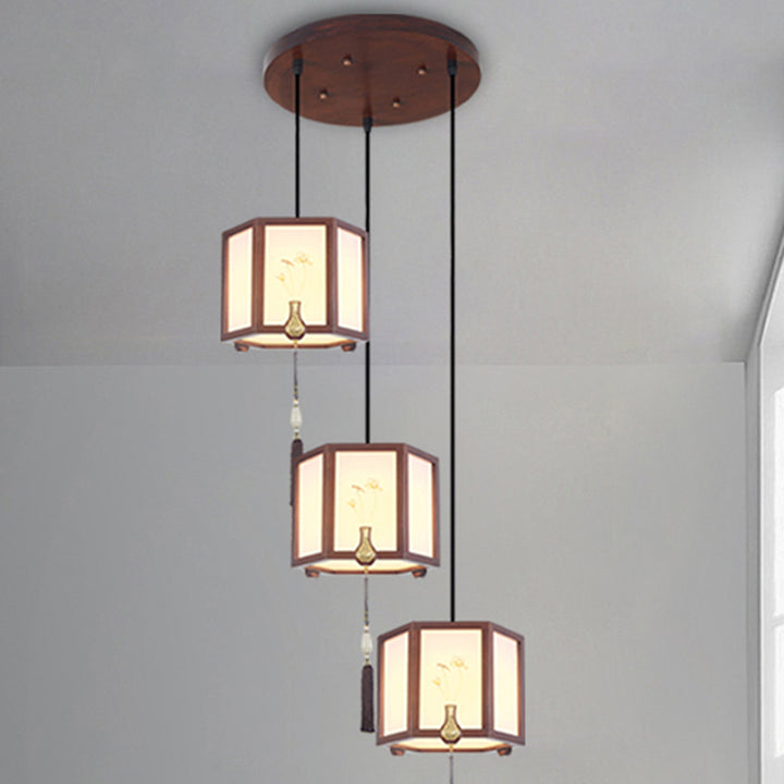 Suspension Luminaire Traditionnel Chinois en Chêne, Alliage de Zinc, Acrylique, Cylindre, Motif 1/3/6 Lumières pour Salle à Manger 