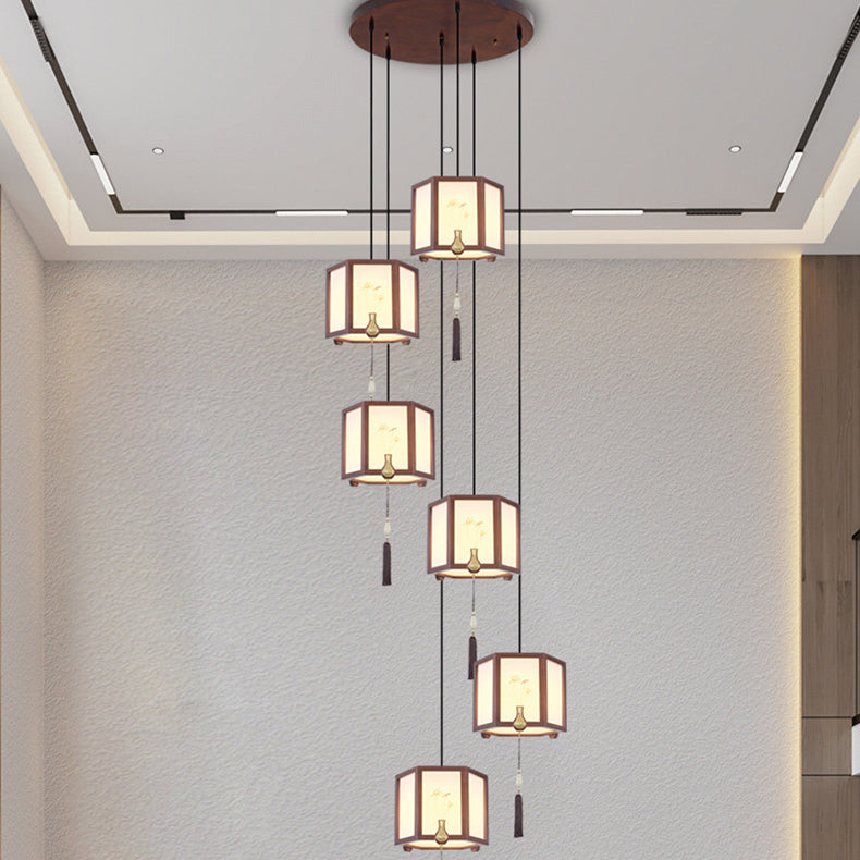 Suspension Luminaire Traditionnel Chinois en Chêne, Alliage de Zinc, Acrylique, Cylindre, Motif 1/3/6 Lumières pour Salle à Manger 
